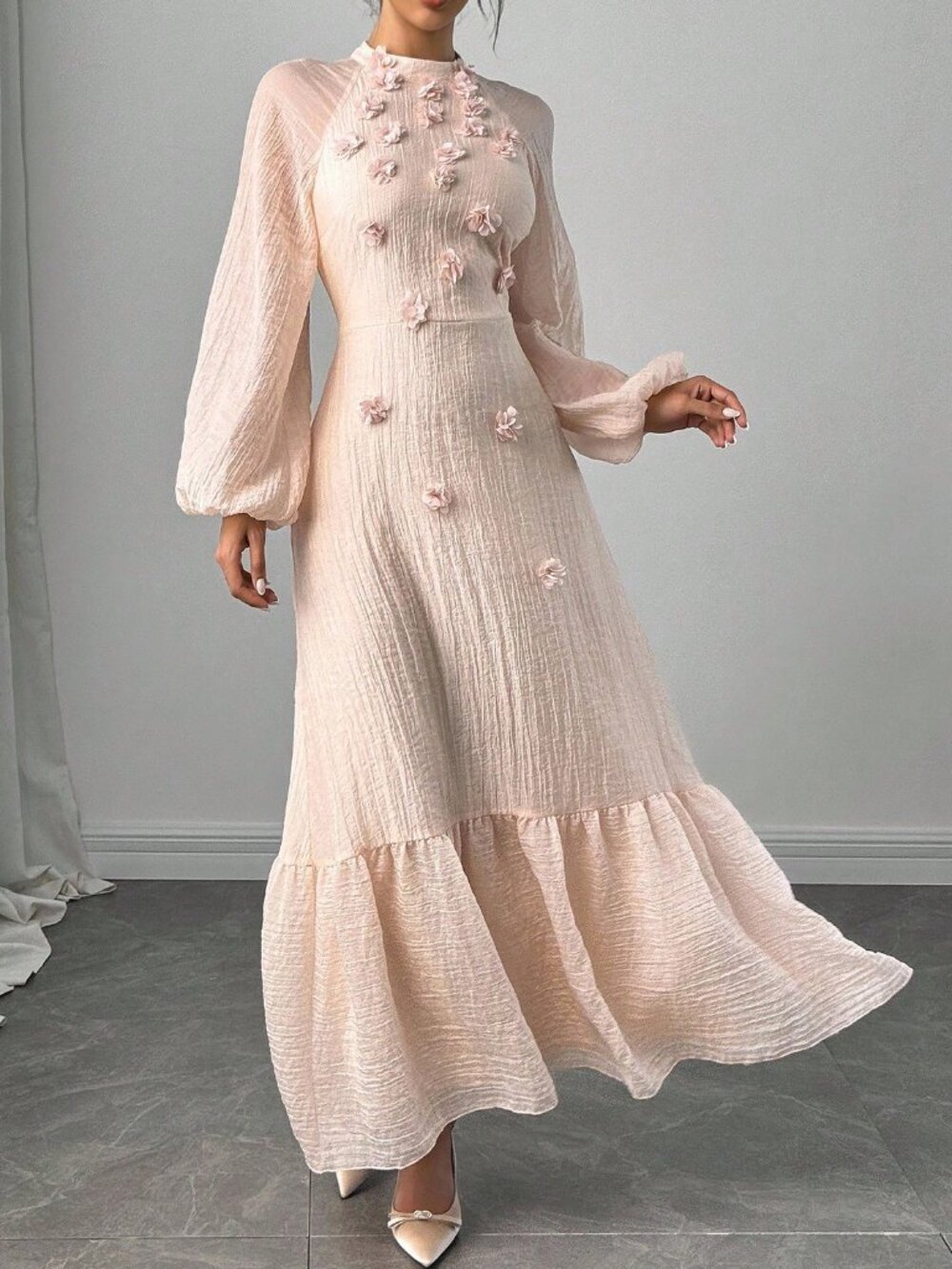 Pink Elegant Women's 3d Floral Decor Lantern Sleeve Dress - Picture 3 of 6
